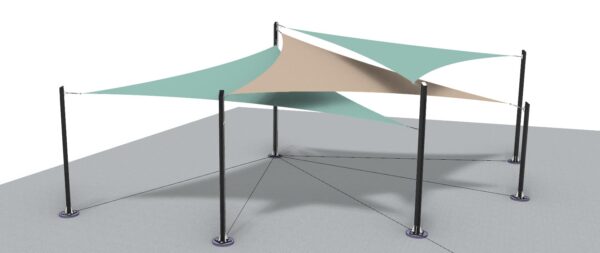 3 point, 6 post triangle shade structure rendering by Shasta Shade Co.