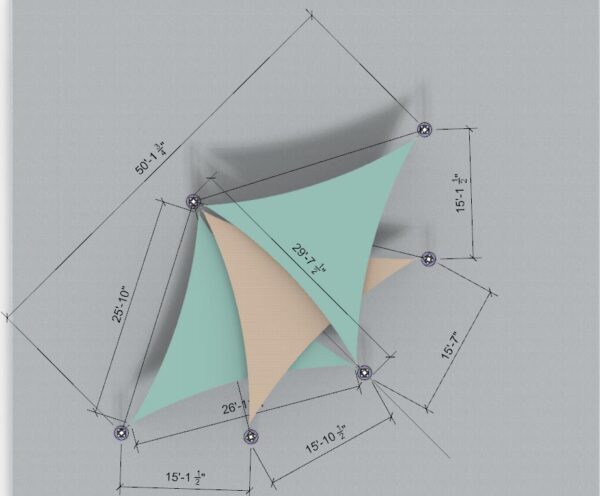 3 post, 6 post triangle shade structure showing post placement measurements by Shasta Shade Co.