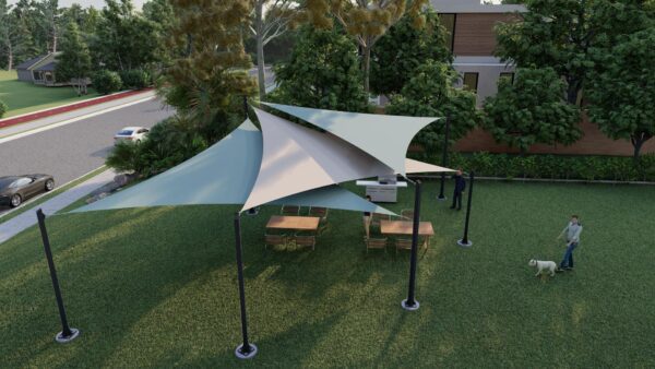 3 point, 6 post triangle shade structure by Shasta Shade Co.