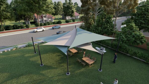 3 point, 6 post triangle shade structure aerial view