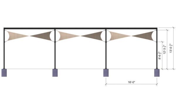 Hypar 004 Modular Shade Structure, showing three connected segments with dimensions