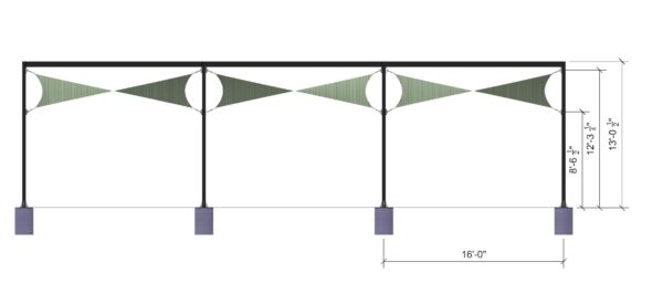 Hypar 005 16x16 Modular Shade Structure - 3 section rendering with dimensions