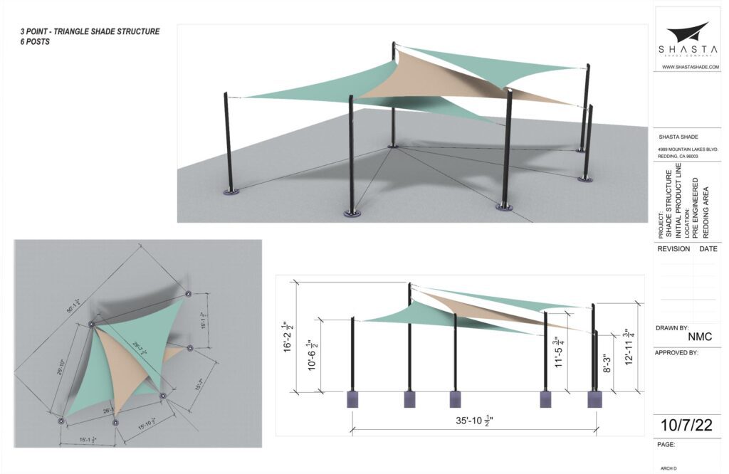 Shasta Shade Company Hypar 3 point, 6 post Triangle Shade Structure